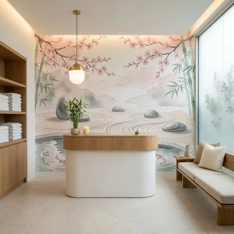 Spa reception zen garden mural after wall printing