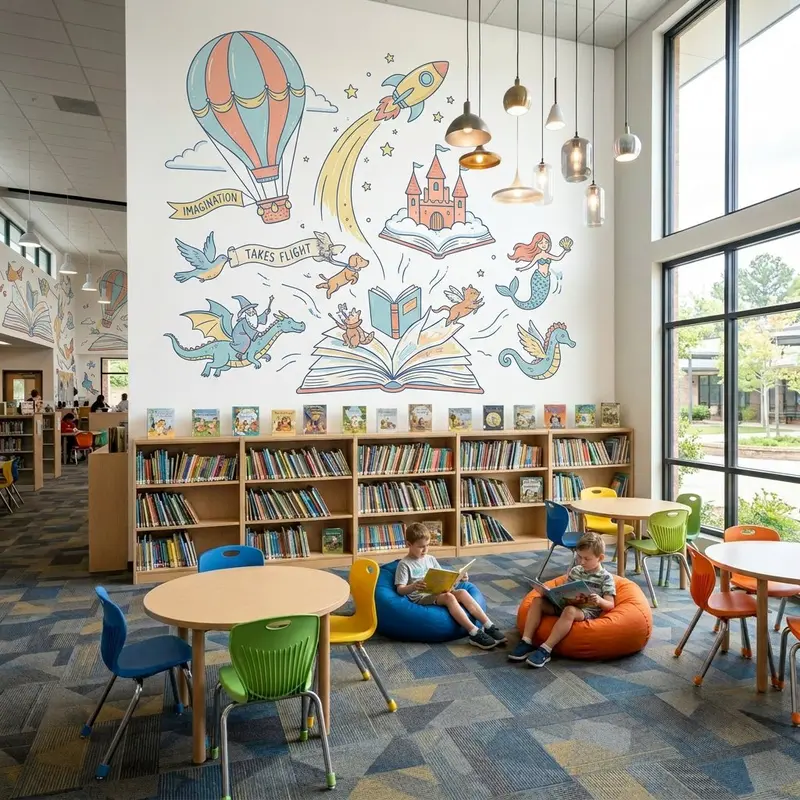 School library imagination mural after wall printing
