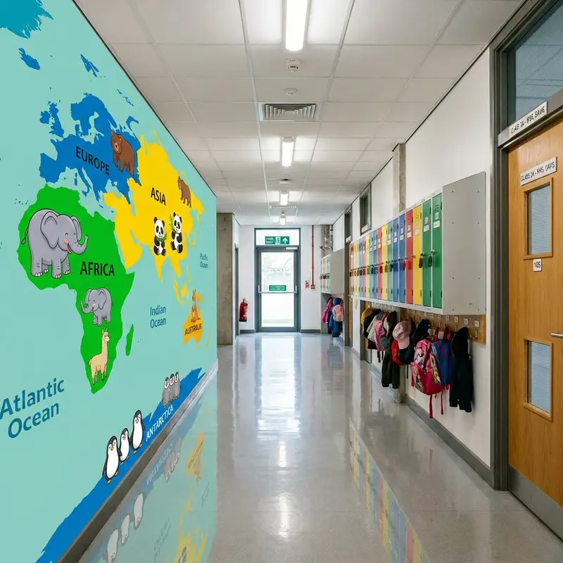 School corridor educational world map after wall printing