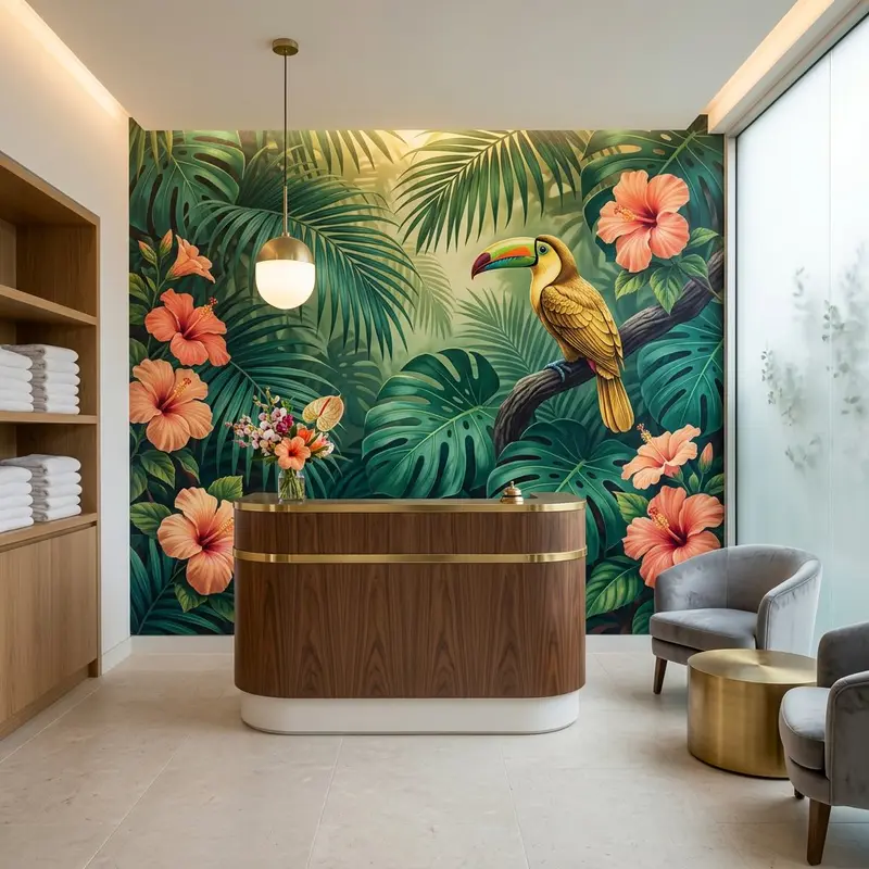 Hotel spa tropical paradise mural after wall printing