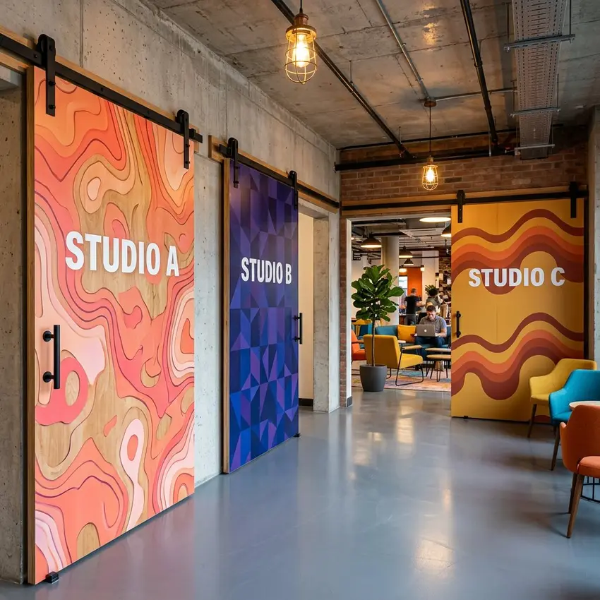 Co-working space sliding barn doors with custom printed designs — UV printing on wooden panels Ireland