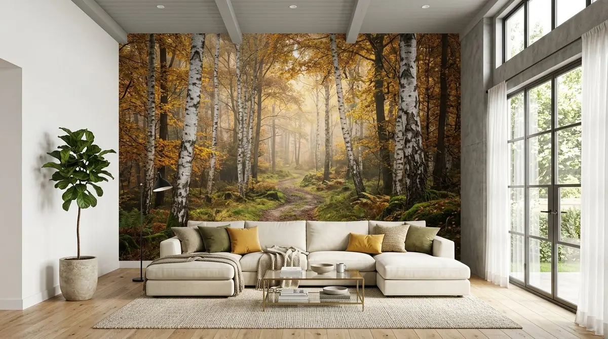 Stunning nature forest mural printed directly on living room wall — UV wall printing Ireland