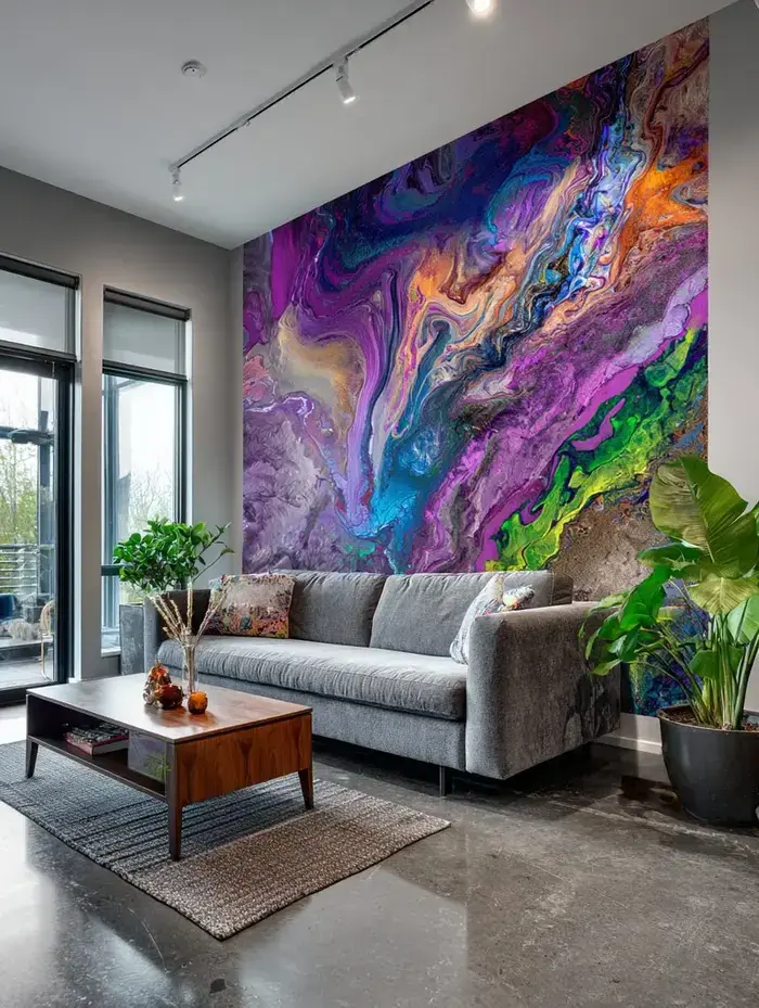 Vivid colorful abstract mural printed directly on living room wall — UV wall printing Ireland